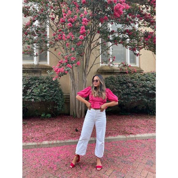 RHODE Red Printed 100% Cotton Short Sleeve V-Neckline Puff Sleeves Top size XL - Picture 15 of 16